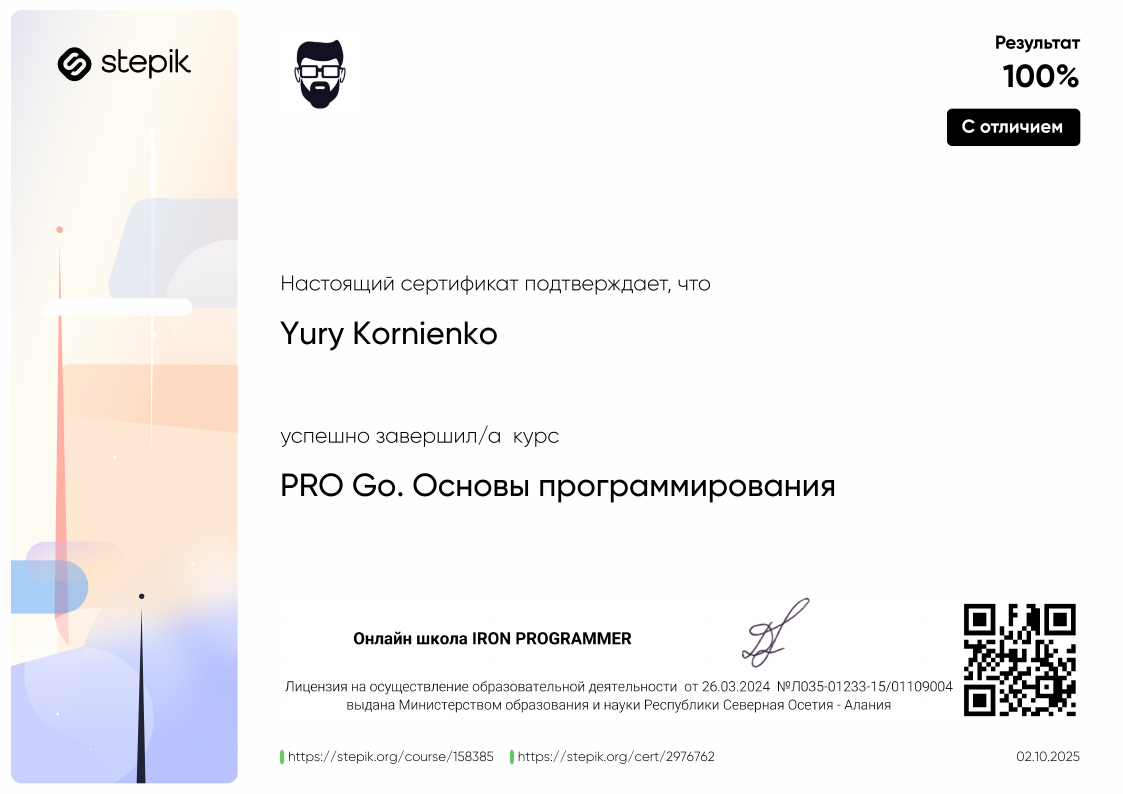 Сертификат Stepik - PRO Go. Основы программирования